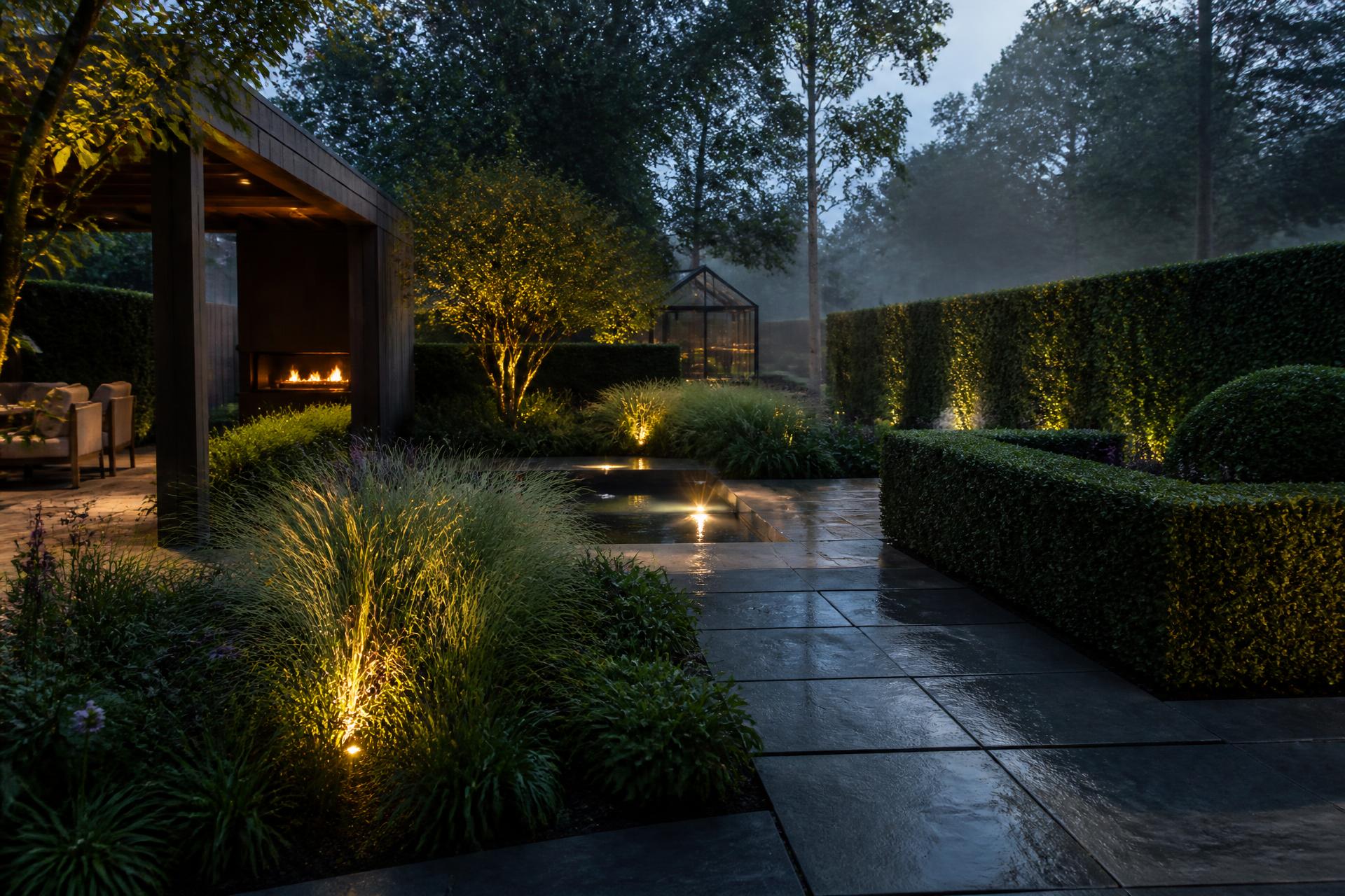 Luxe aangelegde tuin met natuursteen bestrating in de avondschemering